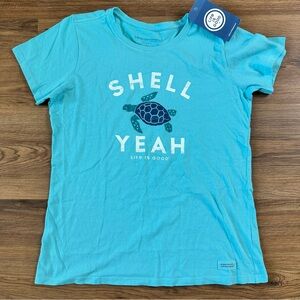 Womens Life is Good T-shirt Medium Blue Short Sleeve Shell Yeah Turtle Beach NEW